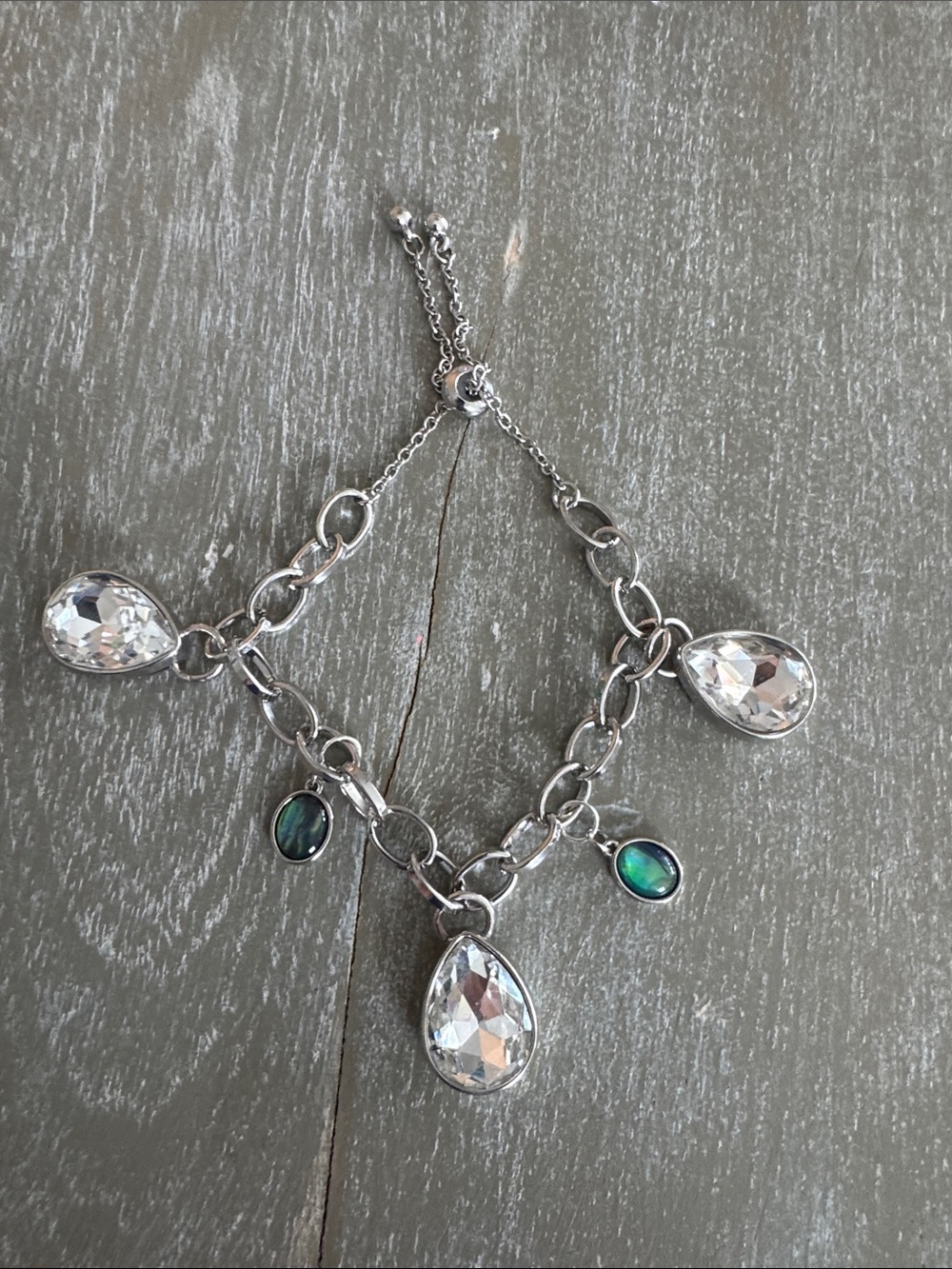 Silver-tone Teardrop Charm Bracelet with Clear Crystals and Iridescent Accents